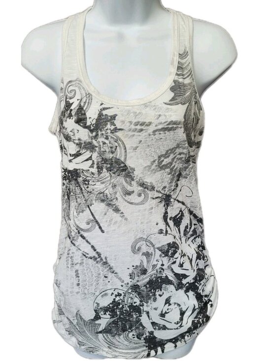 east way Tops - Y2K Girly Grunge Gray Rose Graphic Tank Top Sleeveless Racerback Boho Ruched